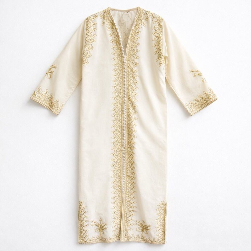 Vintage Handmade Boho Cotton Maxi Caftan Gold Soutache Embroidery Ivory OS